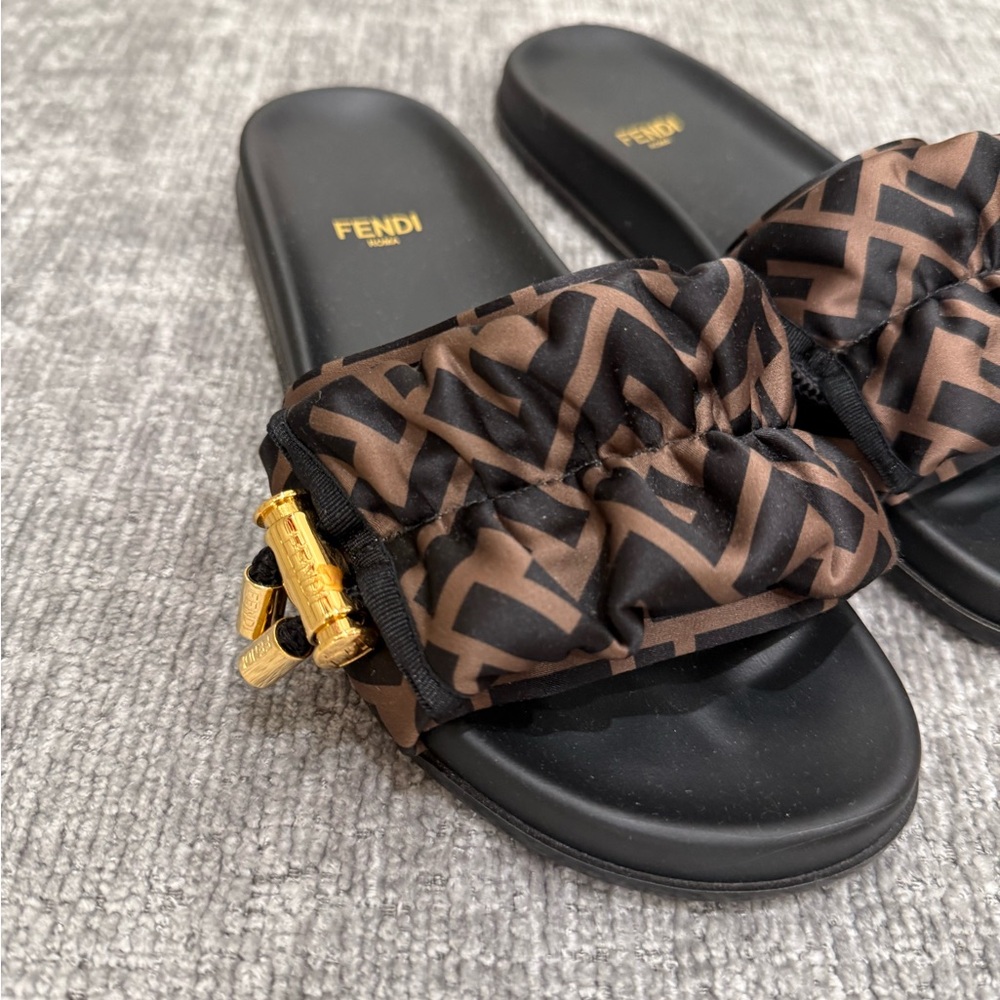 Fendi Brown Satin Slides - Picture 4 of 8